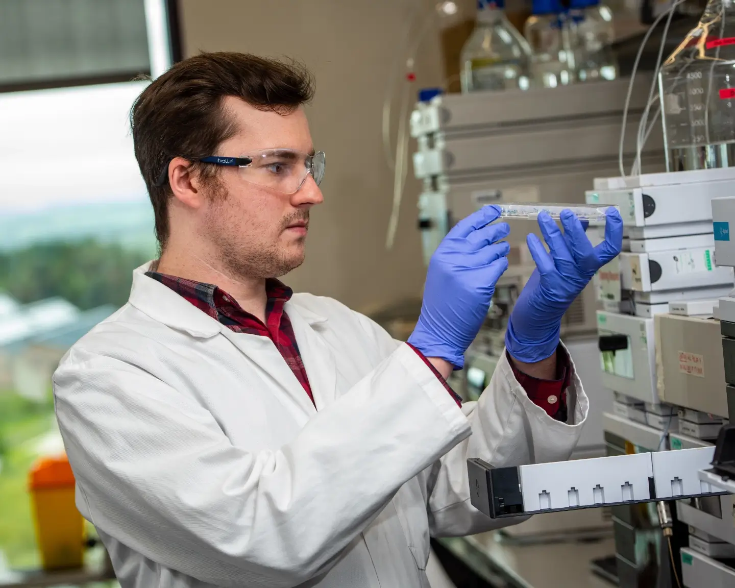 Scientist examining tray